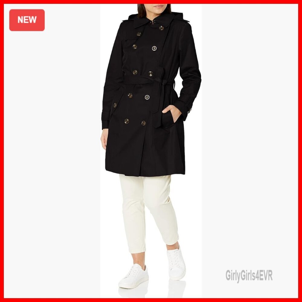 Double Breasted Trench Coat with Removable Hood, Belted Cuffs